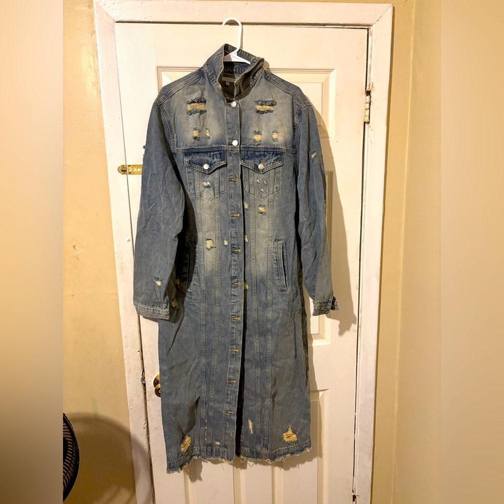 Distressed Denim Long Coat